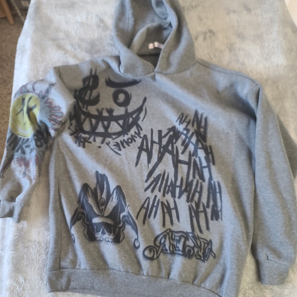 Womens Hooded Sweatshirt Graffiti Punk Goth Street Gray Size 3 Rock Skulls